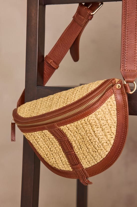 LUCIEN leather and raffia belt bag;${refinementColor}