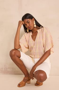 Short-sleeved checkered cotton blouse MADDY;${refinementColor}