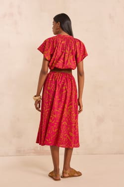 Printed fluid midi cotton skirt BROWN;${refinementColor}
