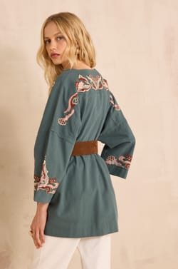 Embroidered 3/4 sleeve cotton jacket NOURIA;${refinementColor}
