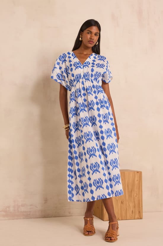 Printed straight dress in cotton PROMISE;${refinementColor}