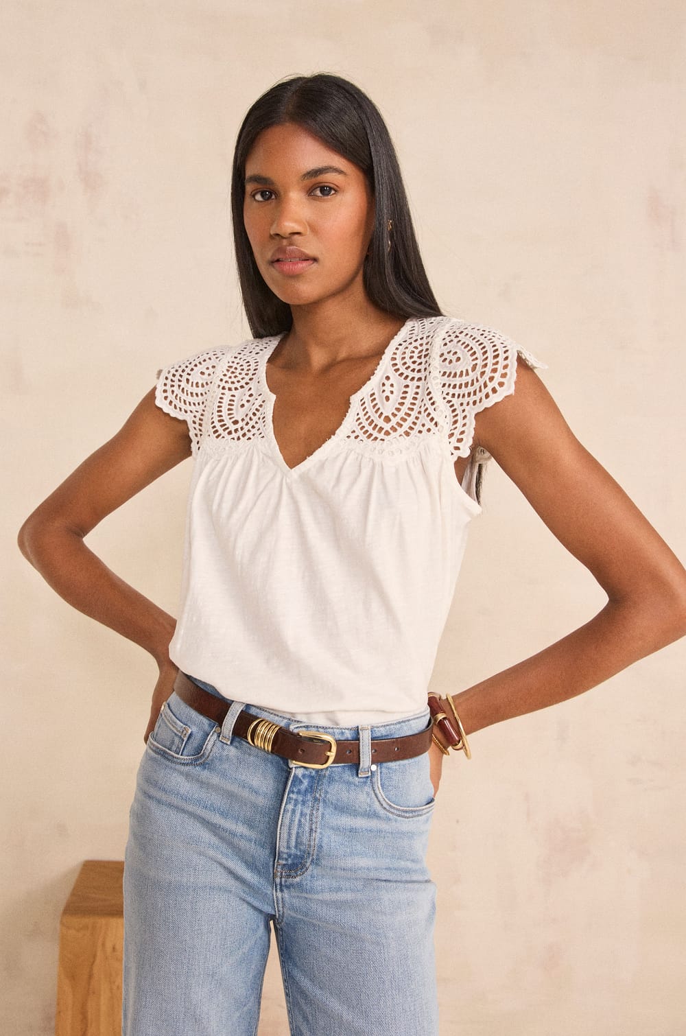 Short-sleeved embroidered cotton top LILOU;${refinementColor}