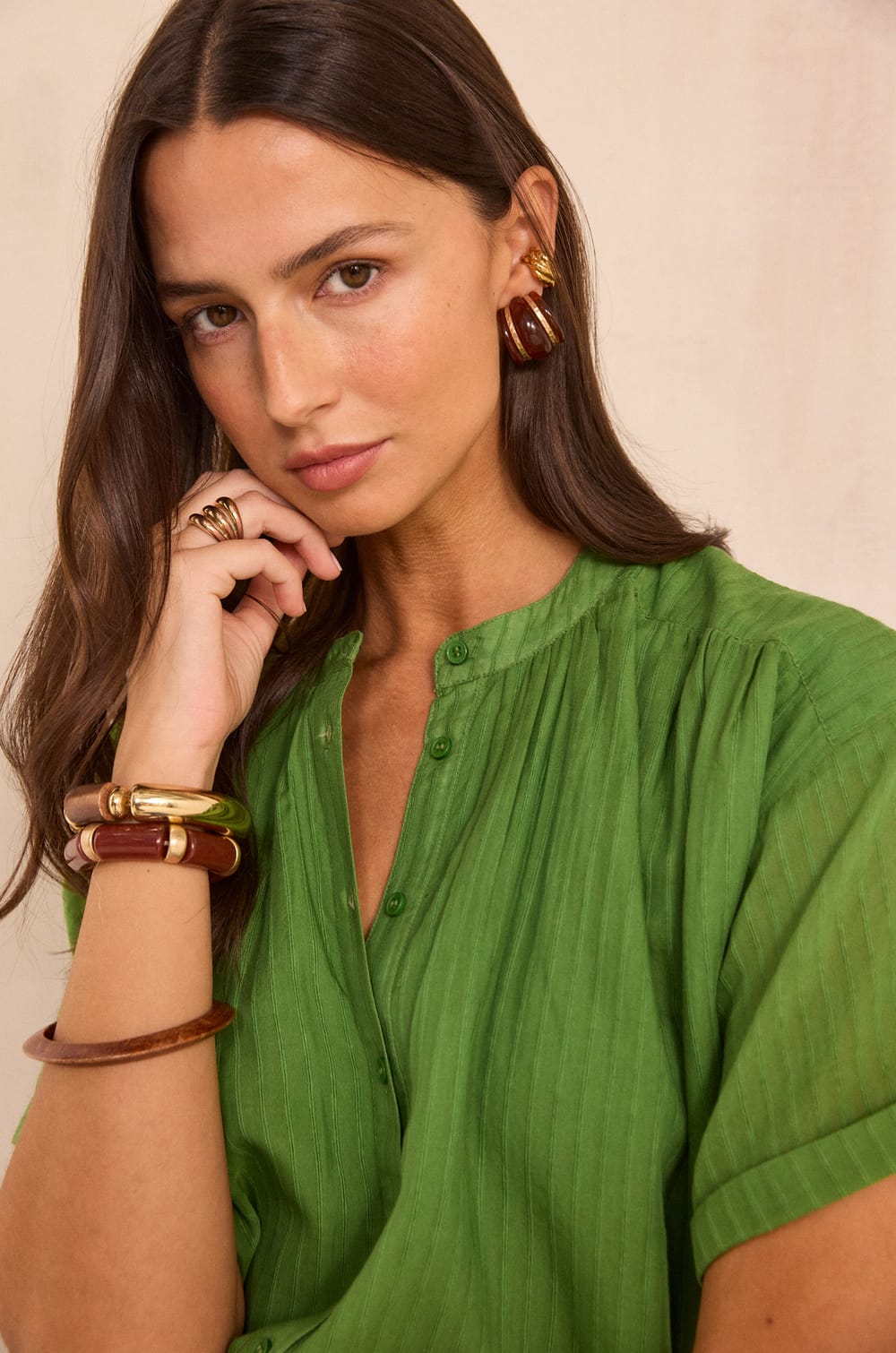 Short Sleeve Blouse in Mixed Cotton DEVIKA;${refinementColor}