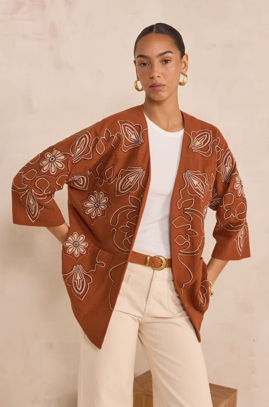 Embroidered 3/4 Sleeve Cotton Jacket VIRGINIA;${refinementColor}