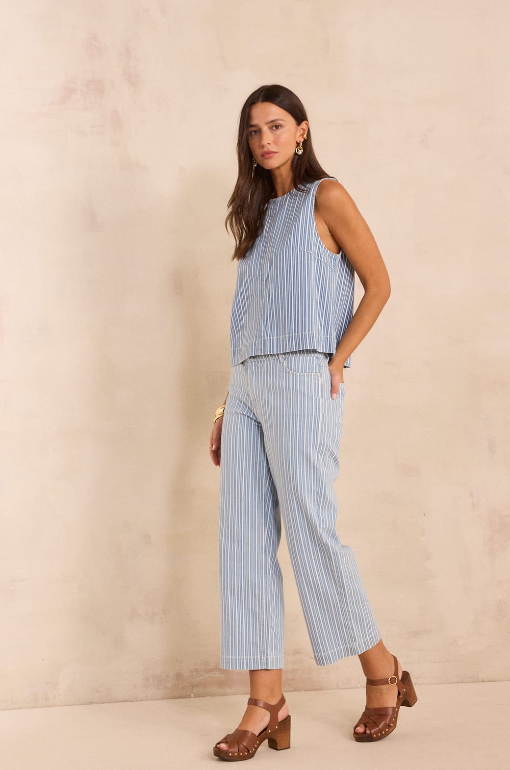 Striped straight cropped cotton blend pants ROSIE;${refinementColor}