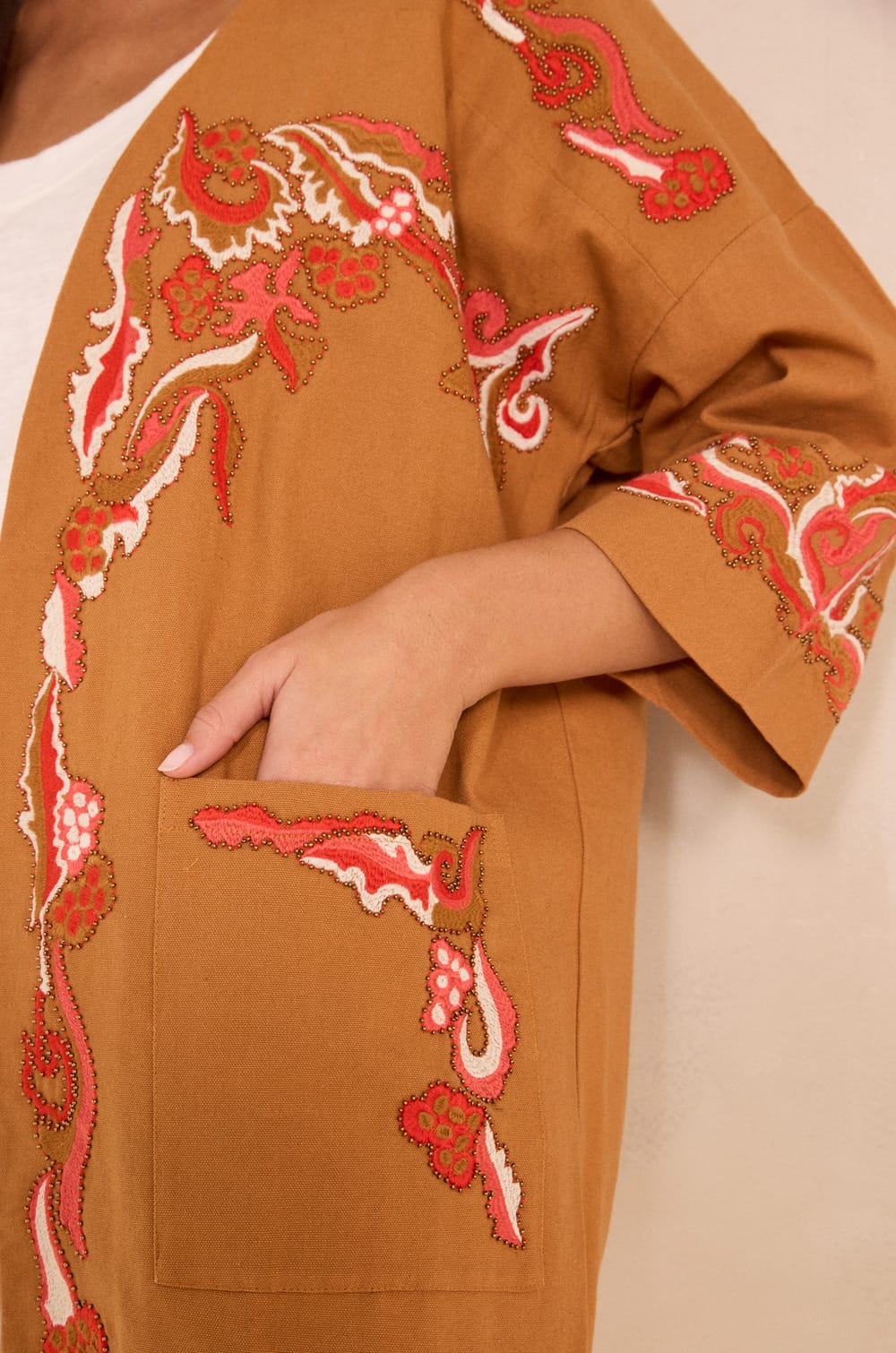Embroidered 3/4 sleeve cotton jacket NOURIA;${refinementColor}
