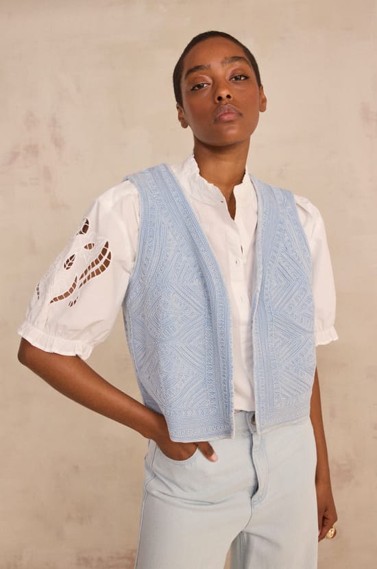 Embroidered cotton sleeveless vest VILMA;${refinementColor}