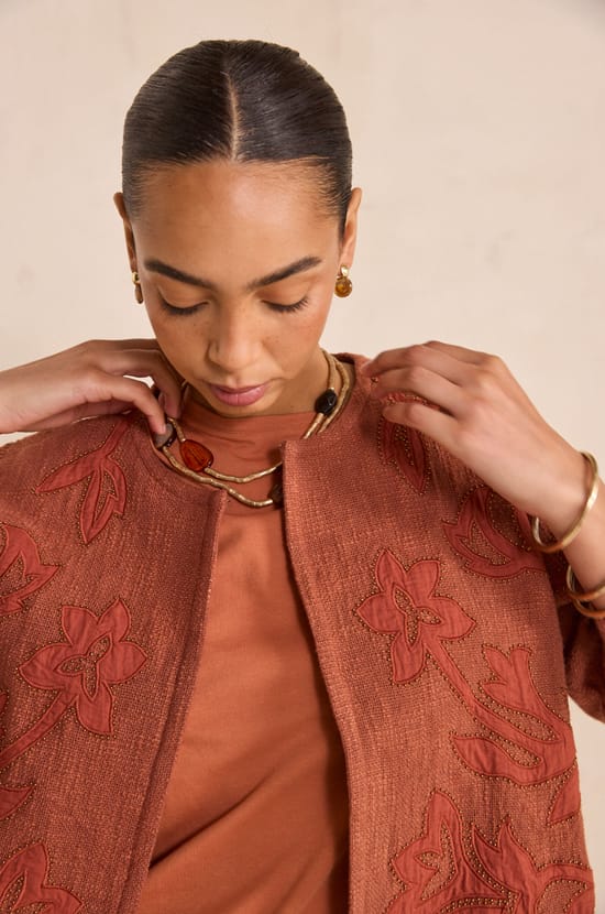 Embroidered 3/4 sleeve cotton jacket VITALIE;${refinementColor}