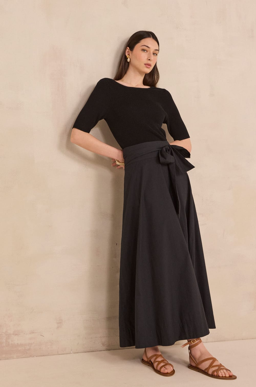 ORELIE cotton tie-waist trapeze skirt;${refinementColor}