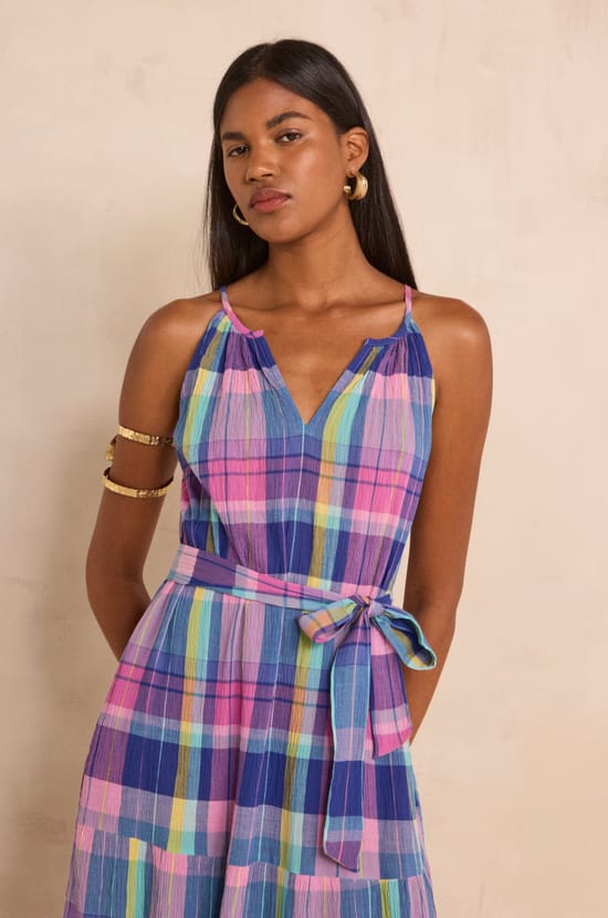 Pietra checkered cotton straight dress;${refinementColor}