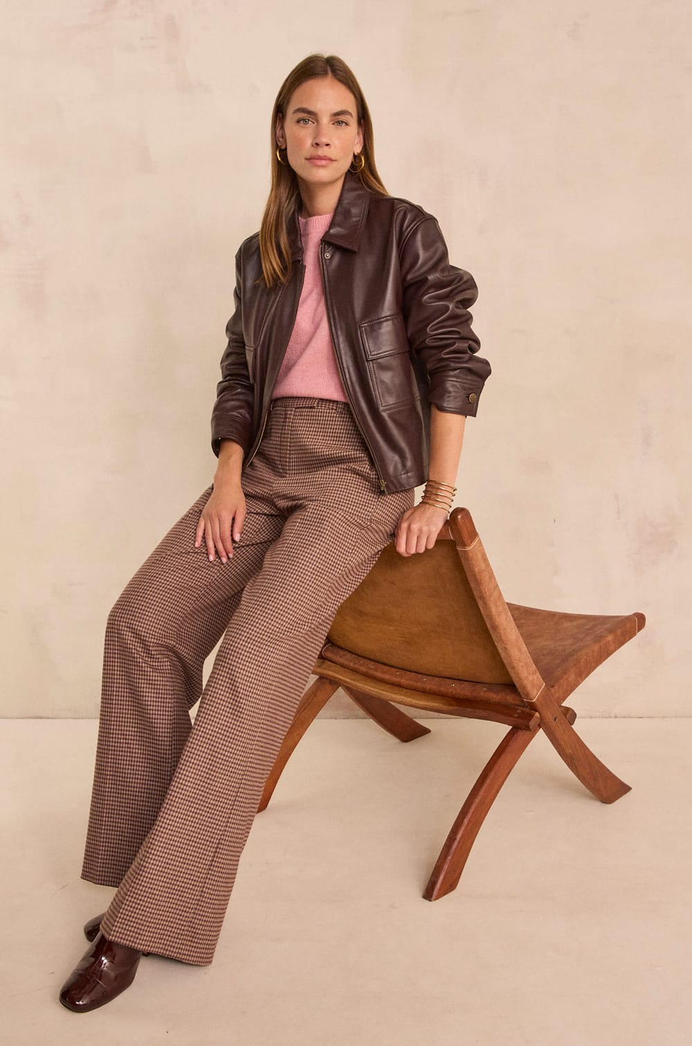 COCO leather long sleeve jacket;${refinementColor}