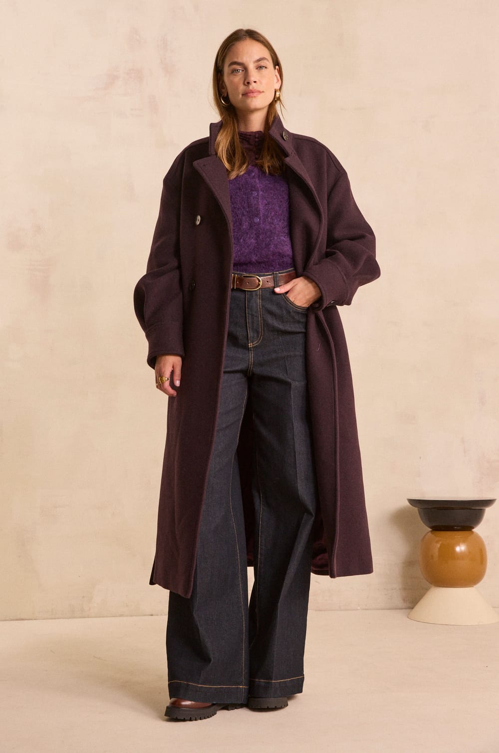 Eggplant mixed wool coat CASSIDY;${refinementColor}