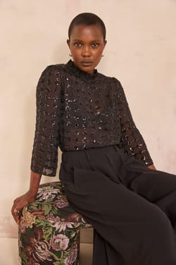 Sequin Embroidered Blouse MOKA;${refinementColor}