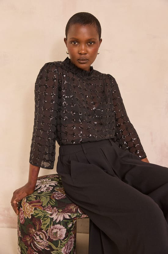 Sequin Embroidered Blouse MOKA;${refinementColor}