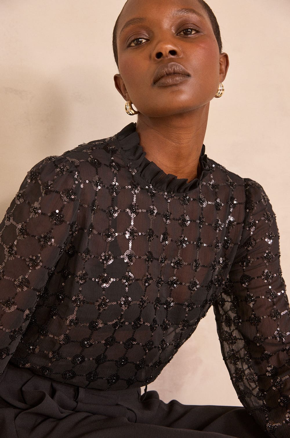 Sequin Embroidered Blouse MOKA;${refinementColor}